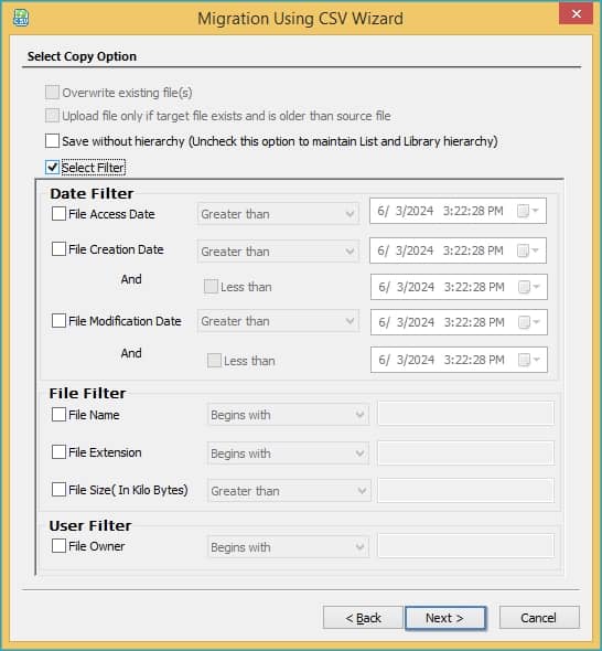  Select the appropriate filters to pick and migrate 